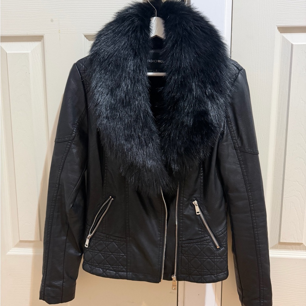 Fashion Nova Black Leather Jacket with Faux Fur Collar
